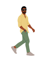 Set of different stylish young men wearing summer street fashion outfit. Multiracial business people in smart casual office clothes. Vector realistic illustrations isolated on transparent background.