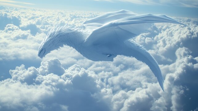 A majestic white dragon soars above the clouds, embodying fantasy and freedom in a sky-high, dreamlike realm of imagination.