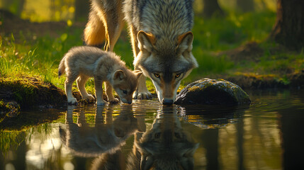Obraz premium Wolf Drinking Water with Pup in a Lush Valley – Wildlife Serenity