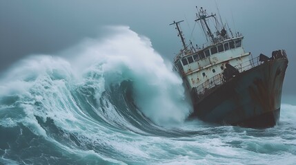 Stormy ocean with a ship struggling against giant waves in a dramatic maritime scene with powerful sea turbulence