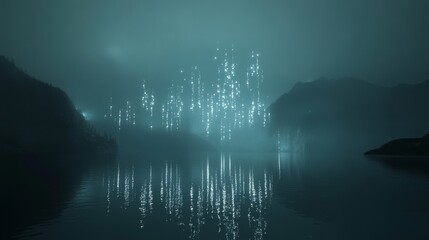 Fototapeta premium A misty lake shrouded in mystery illuminates with ethereal lights, reflecting off the water and casting a magical, dreamlike atmosphere.