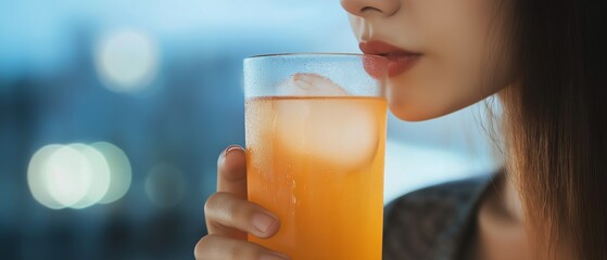 Close-up of a young woman's face and upper body. she is holding a tall glass of orange-colored drink in her hand and is taking a sip from it.