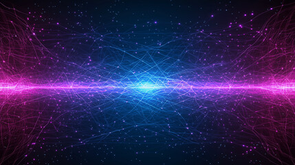 Fototapeta premium A digital abstract artwork depicts a vibrant cosmic nebula with pink and blue energy streams, resembling a galactic network or energy field