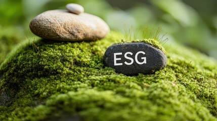 ESG written on a smooth black stone resting on mossy ground.
