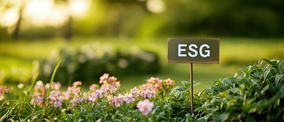 A serene garden scene featuring an ESG sign.