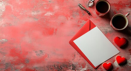 This red envelope with a pink background, blank white card, and red hearts is suitable for Valentine's Day, love letters, or romantic messages