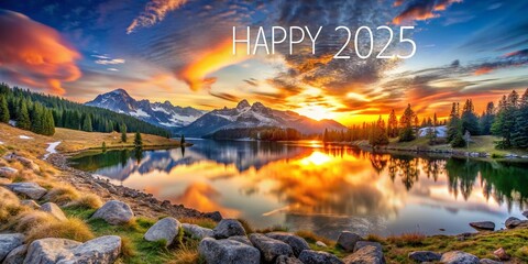 Fototapeta premium Majestic Mountain Sunrise: Happy New Year 2025 Landscape