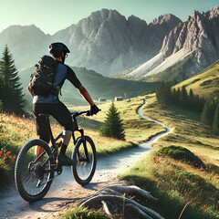 Fototapeta premium Mountain biker enjoying scenic view on trail during golden hour