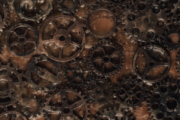 Industrial background is flooded with paraffin, covering rusty gears.