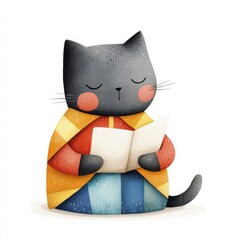 Obraz premium Watercolor cat reading cozy indoor space cute illustration playful atmosphere whimsical style, isolated on white background