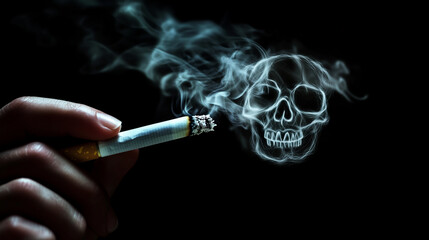 A person smoking a cigarette, the smoke is coming from the cigarette and forms a small smoke skull. Concept. Smoking kills metaphor