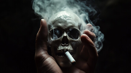 A hand holding a cigarette with smoke forming the shape of a skull, isolated on a black background, photorealistic