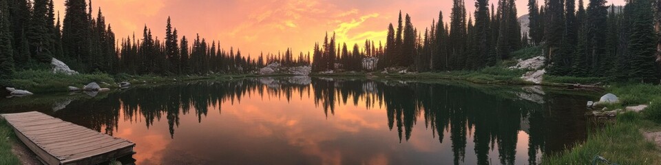 Fototapeta premium Tranquil sunset over mountain lake with pine forest reflections