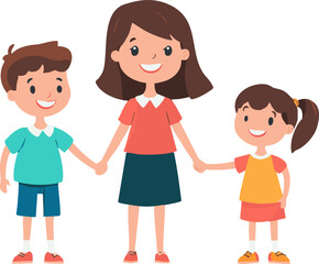 A cheerful cartoon illustration of a mother and her two children holding hands smiling happily Perfect for family blogs websites and children's products