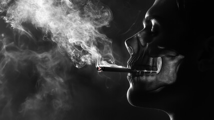 A person smoking a cigarette, the smoke is coming from the cigarette. Black background. Light coming through face with xray skull effect
