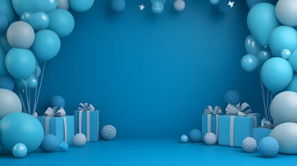 Festive Blue Celebration: Balloons, Gifts, and a Joyful Atmosphere