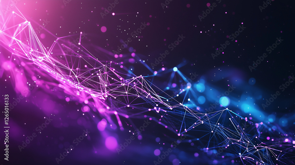 Poster an abstract image depicting a network of interconnected nodes. pink and blue glowing points form a d