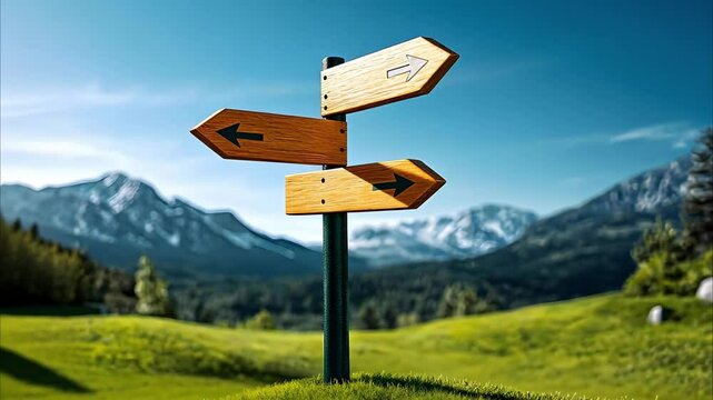 A directional signpost with multiple arrows pointing in different directions, set against a backdrop of mountains and clear skies.