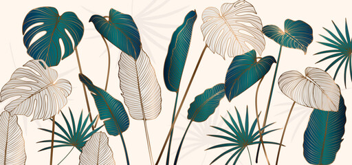 Luxury light art background with dark green tropical leaves in golden line art style. Botanical banner for decoration, print, textile, interior design, poster, packaging, wallpaper. © Лилия Агапова