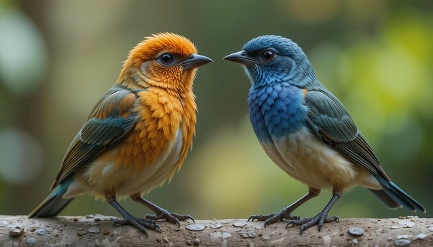 Two vibrant birds, one orange and the other blue, perched closely on a branch, showcasing their colorful plumage in a serene natural setting.