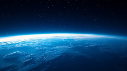 The serene view of Earth's horizon seen from space, with a soft glow of blue atmosphere and distant stars sprinkled across the vast universe.