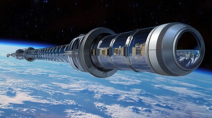 space elevator connecting Earth to an orbital station.