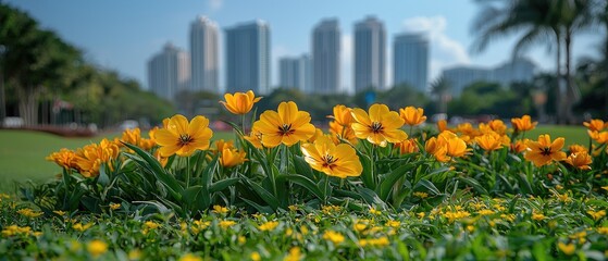 A vibrant display of yellow flowers in a park with a city skyline in the background.