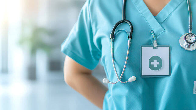 Healthcare concept Mental Health Self-Care. healthcare worker in scrubs with stethoscope and ID badge, symbolizing care and professionalism