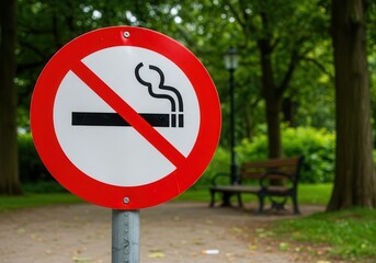 No Smoking Sign in Green Park Environment with Bench