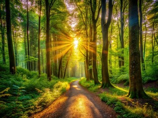 Obraz premium A mystical forest path bathed in sunbeams, lush foliage creating a serene, fantasy landscape.