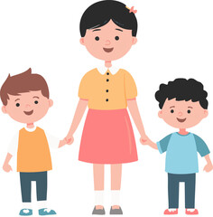 A cheerful girl joyfully holds hands with two smiling children Perfect for websites and educational materials about childcare or family