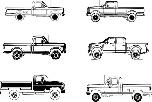 Six classic truck illustrations in simple line art style perfect for automotive design projects or coloring pages