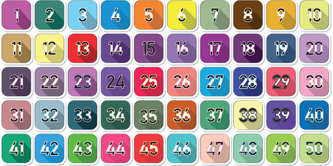 Numbers, 1 to 50 premium logo icon full color shadow effect square number shadow line