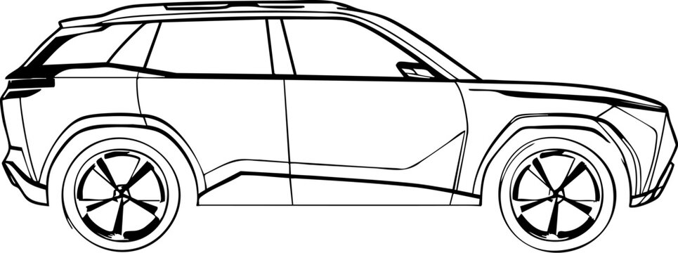 Simple black and white SUV drawing perfect for kids coloring pages or car design inspiration. Print and enjoy