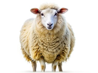 Obraz premium A solitary, cute sheep stands in a verdant field, its wool gleaming under the sun; a picturesque farm scene.