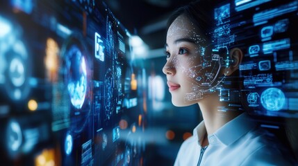 workspace with holographic monitors and AI assistants.