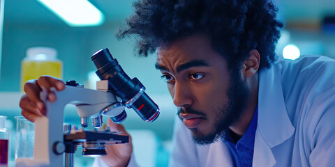 Young Male Scientist Using a Compound Microscope in a Laboratory Setting
