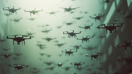 Swarms of drones fill a foggy sky, showcasing a futuristic scenario with advanced technology.