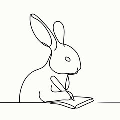 Rabbit Writing in Notebook - Minimalist One Line Art Illustration