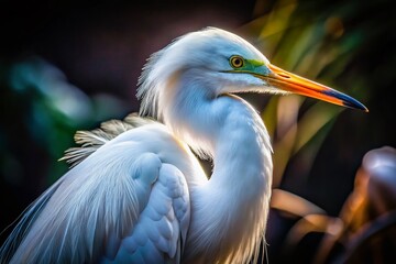 Obraz premium Majestic White Egret Close-Up at Night in Wildlife Park