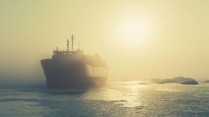 Fototapeta premium A solitary ship emerges from the mist on an icy sea, backlit by the rising sun casting a golden glow over the water.