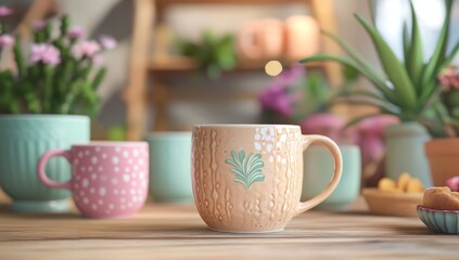 Fototapeta premium A cozy coffee shop scene with pastel-colored mugs and cups