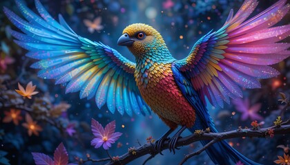 Fototapeta premium A vibrant, colorful bird with stunning iridescent feathers spreads its wings among lush foliage, creating a magical atmosphere.
