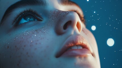 A face filled with wonder gazes upward, surrounded by a sprinkle of stars, capturing the essence of dreams and the universe’s vastness.