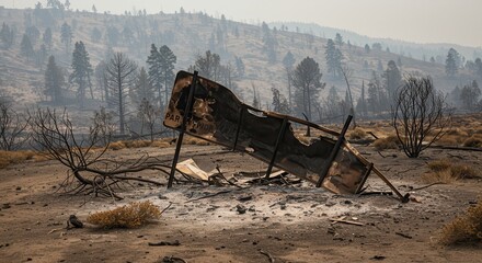 Burned Sign and Landscape After Wildfire with Scorched Trees