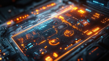 Obraz premium Futuristic Technology Circuit Board Glowing Orange and Blue Digital Interface Close Up