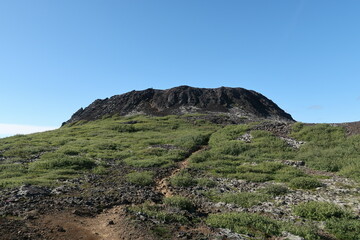 Iceland, wild nature in the land of fire and ice, flocks of sheep, horses and ponies in vast meadows, volcanoes surrounded by black lava fields, glaciers, ice floes floating in the ocean, waterfalls