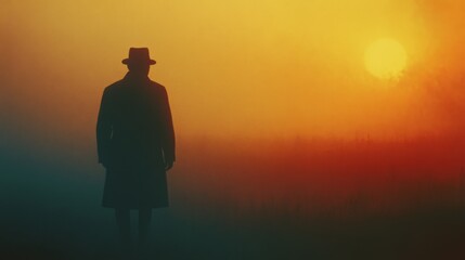 A silhouette of a lone figure in a fedora gazes at a mesmerizing sunrise in a foggy field, embodying mystery and introspection.