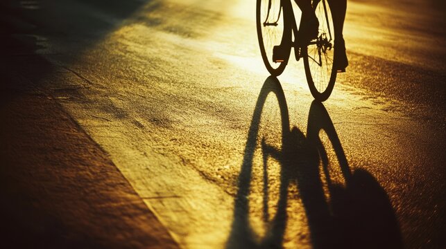 A bicycle casts a shadow on a golden road under warm light, embodying motion and the fleeting beauty of a sunset ride.