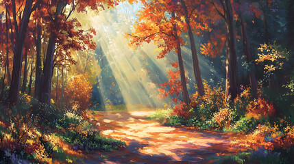 A picturesque autumn forest scene with rays of sunlight filtering through the leaves
